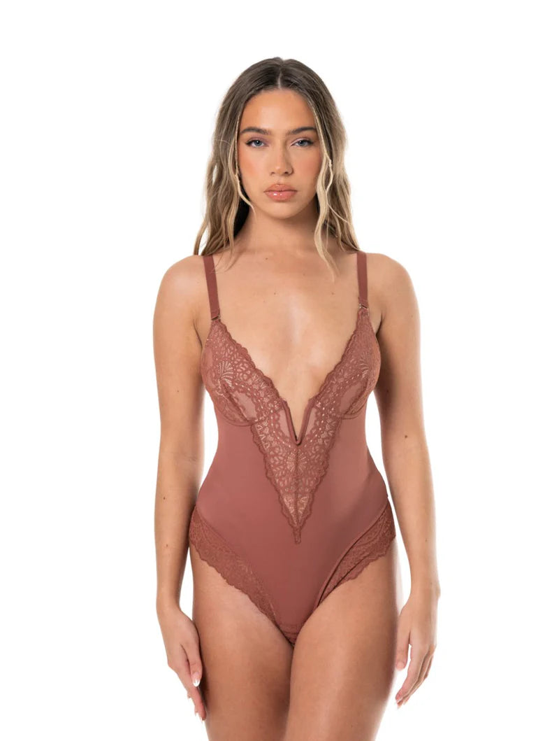 Bodysuit à col en V et demi-dentelle