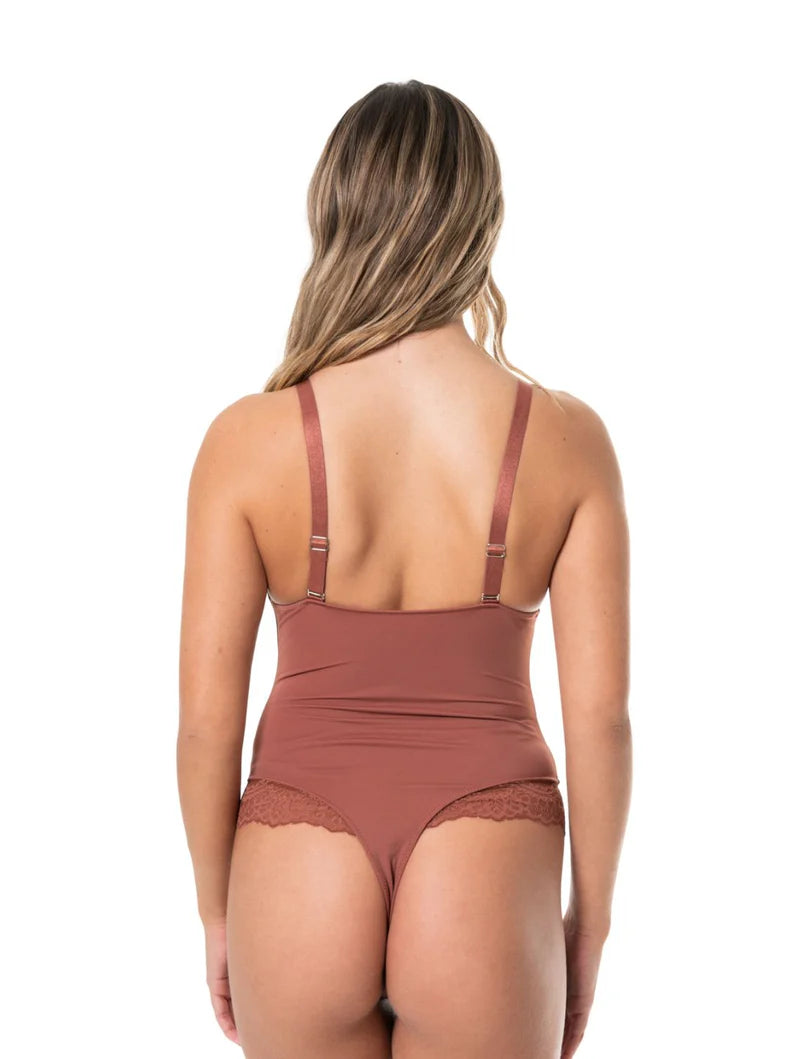 Bodysuit à col en V et demi-dentelle