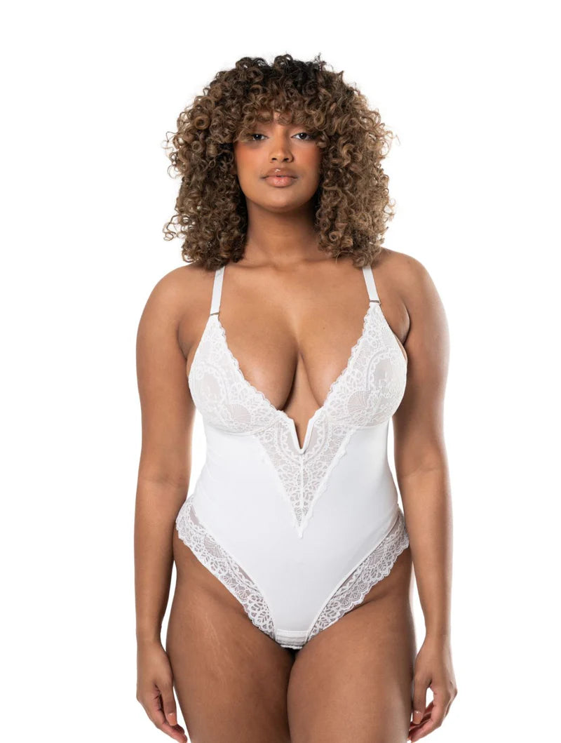 Bodysuit à col en V et demi-dentelle