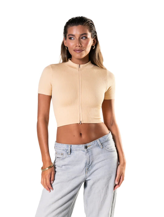 Haut court côtelé sans couture à manches courtes avec zip frontal