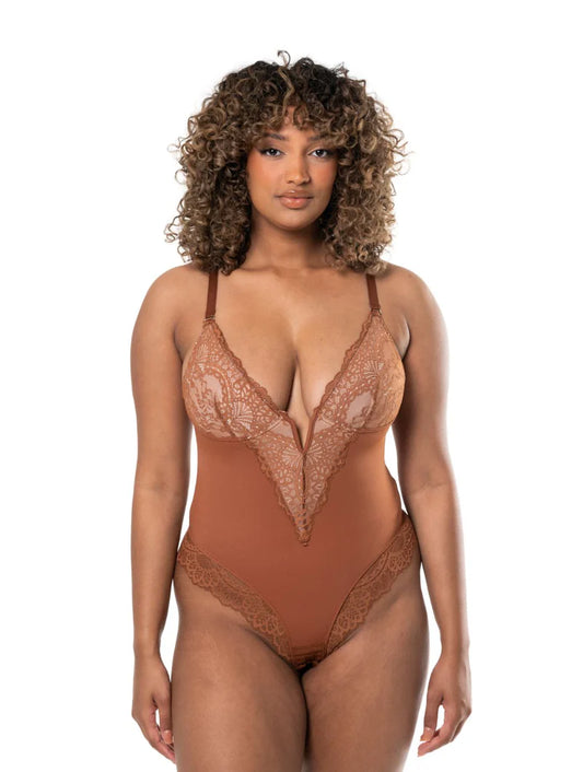 Bodysuit à col en V et demi-dentelle